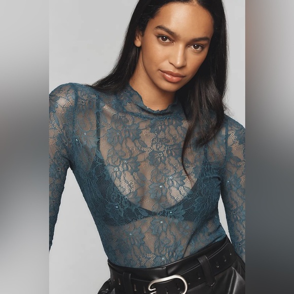 NWT! By Anthropologie Turquoise Lace Layering Turtleneck - Size XXS 🦖 - Picture 2 of 10